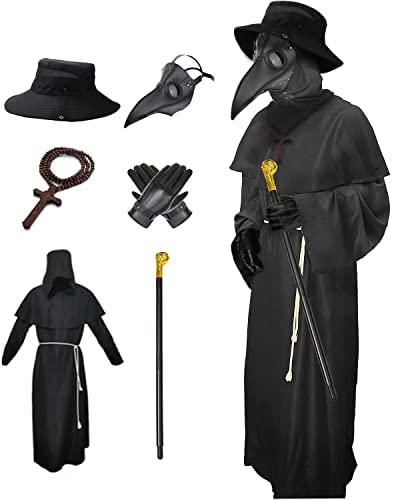 Nicexx Plague Doctor Mask Costumes Set 6 in 1 Halloween Beak Mask Plague Dr Outfit for Adults