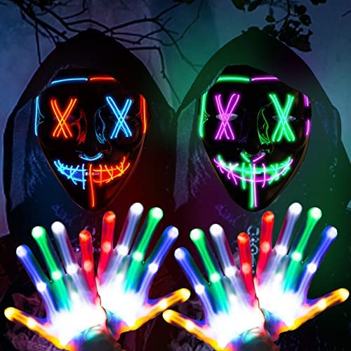 2 Pack Halloween Purge Masks Led Light Up Masks and Gloves Set for Halloween, Festival Cosplay