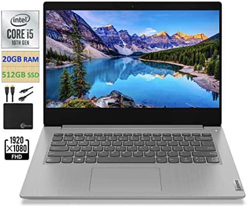 2021 Newest Lenovo IdeaPad 3 14" FHD Screen Laptop Computer, Intel Quad-Core i5-1035G1 Up to 3.6GHz (Beats i7-8550U), 20GB DDR4 RAM, 512GB PCI-e SSD, Webcam, WiFi, HDMI, Windows 10 + Marxsol Cables