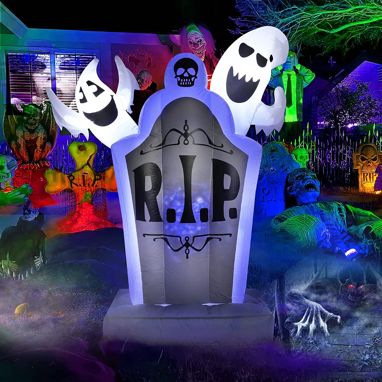 Luxspire 5.9 Ft Tall Halloween Inflatables Decorations Clearance, Outdoor Indoor Built-in Lights Inflatable with Ghost on Tombstone, Halloween Blow up Yard Decorations for Lawn Garden Holiday Party