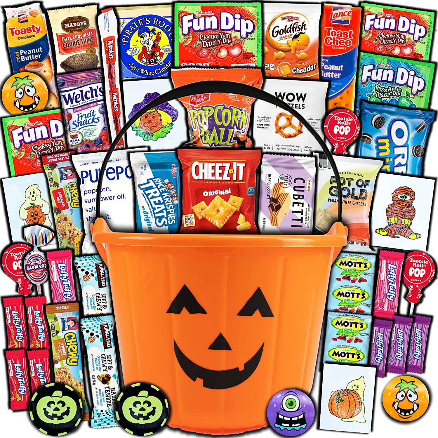 Halloween Pumpkin Candy Bucket Gift (45ct) Already Filled Treats for Kids Adults Pumpkin Spooky Basket Snacks Cookies Variety Pack Care Package Women Mixed Bulk Sampler Children Boys Girls College Students