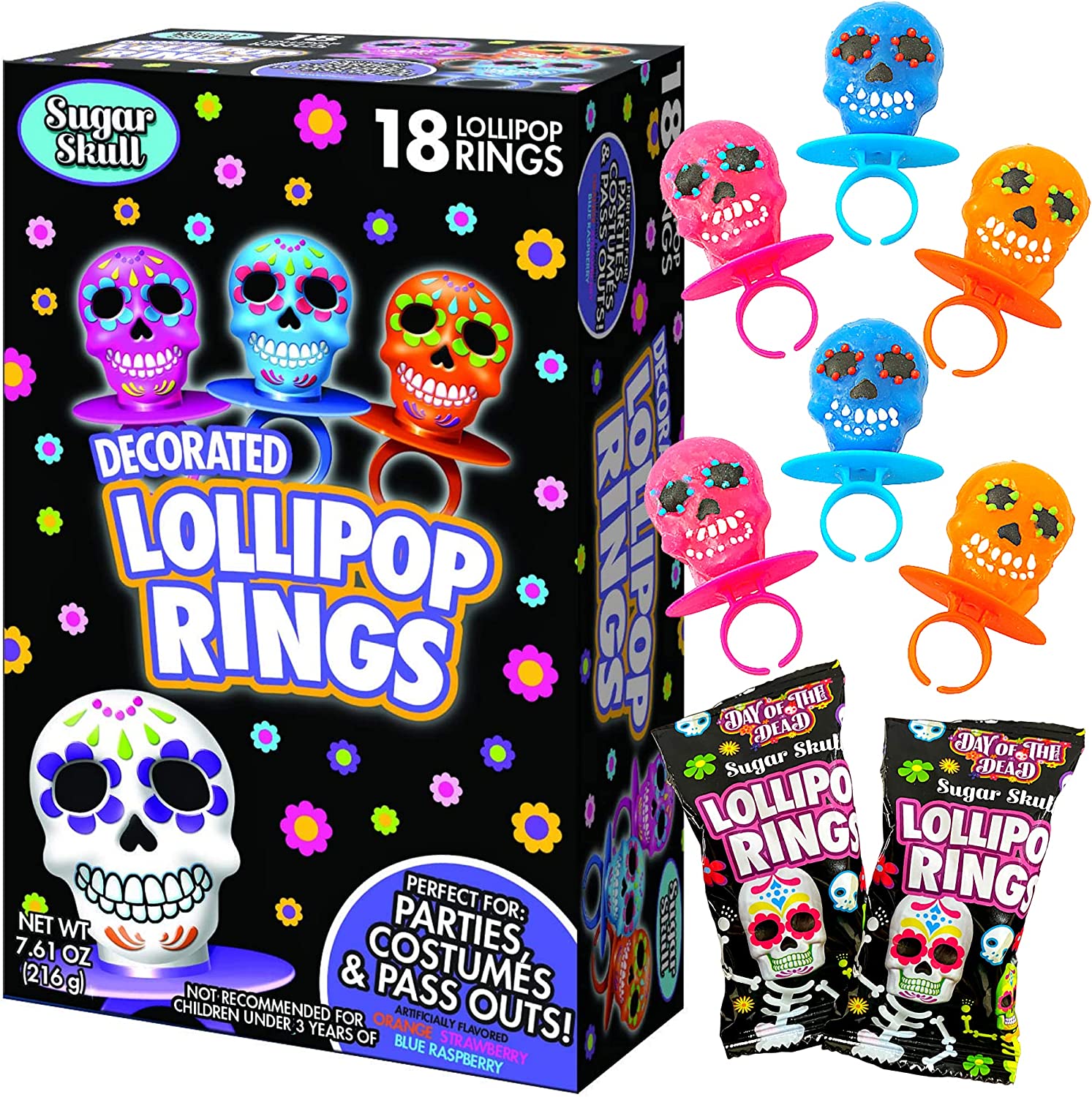 Halloween Day of the Dead Sugar Skull Lollipop Rings, Box of 18