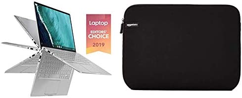 Asus Chromebook Flip C434 2 in 1 Laptop, 14" Touchscreen FHD 4-Way NanoEdge, Intel Core M3-8100Y Processor, 4GB RAM & AmazonBasics 14-Inch Laptop MacBook Sleeve Case - Black