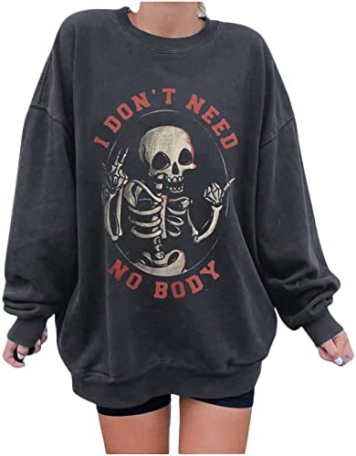 FAVIPT Vintage Sweatshirts for Women Oversized Skeleton Halloween T Shirt Plus Size Long Sleeve Crewneck Pullover Fall Tops