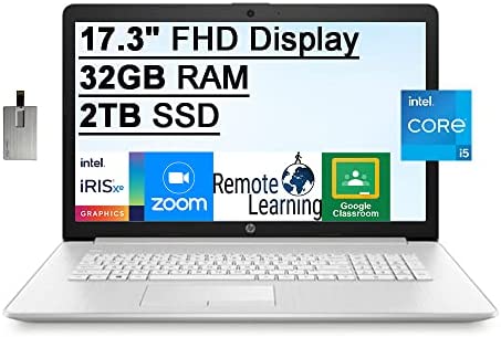 2022 HP 17.3″ FHD IPS Display Laptop Computer, 11th Intel Core i5-1135G7 Processor, 32GB RAM, 2TB SSD, Backlit Keyboard, Intel Iris Xe Graphics, HD Webcam, Windows 10, Silver, 32GB SnowBell USB Card