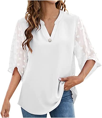 FAVIPT Womens Chiffon Tops Dressy Casual 3/4 Sleeve Zipper Shirt Solid Color V Neck Blouse Plus Size Loose Lightweight Tunics