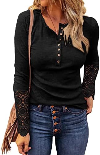 VICHYIE Womens Ribbed Knit Henley Long Sleeves Tunic Lace Tops V Neck Button Shirts Casual Slim Fit Blouses