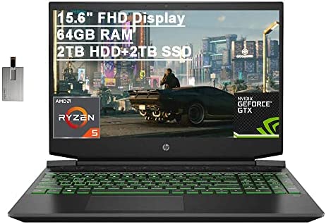 2021 HP Pavilion 15.6″ FHD Gaming Laptop Laptop Computer, AMD Ryzen 5-4600H, 64GB RAM, 2TB HDD+2TB SSD, Backlit Keyboard, B&O Audio, HD Webcam, GeForce GTX 1650, Win10, Black, 32GB USB Card