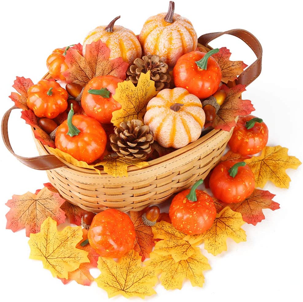 HANSGO 50 PCS Thanksgiving Artificial Pumpkins and Gourds Set, 8 PCS Fake Pumpkins with 42PCS Pinecones Acorns and Maple Leaves for Harvest Pumpkin Tables Centerpiece Fall Wedding Decor