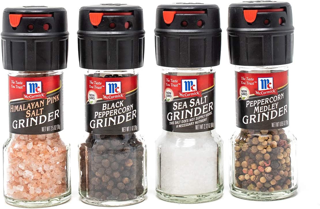 McCormick Salt & Pepper Grinder Variety Pack (Himalayan Pink Salt, Sea Salt, Black Peppercorn, Peppercorn Medley), 0.05 lb