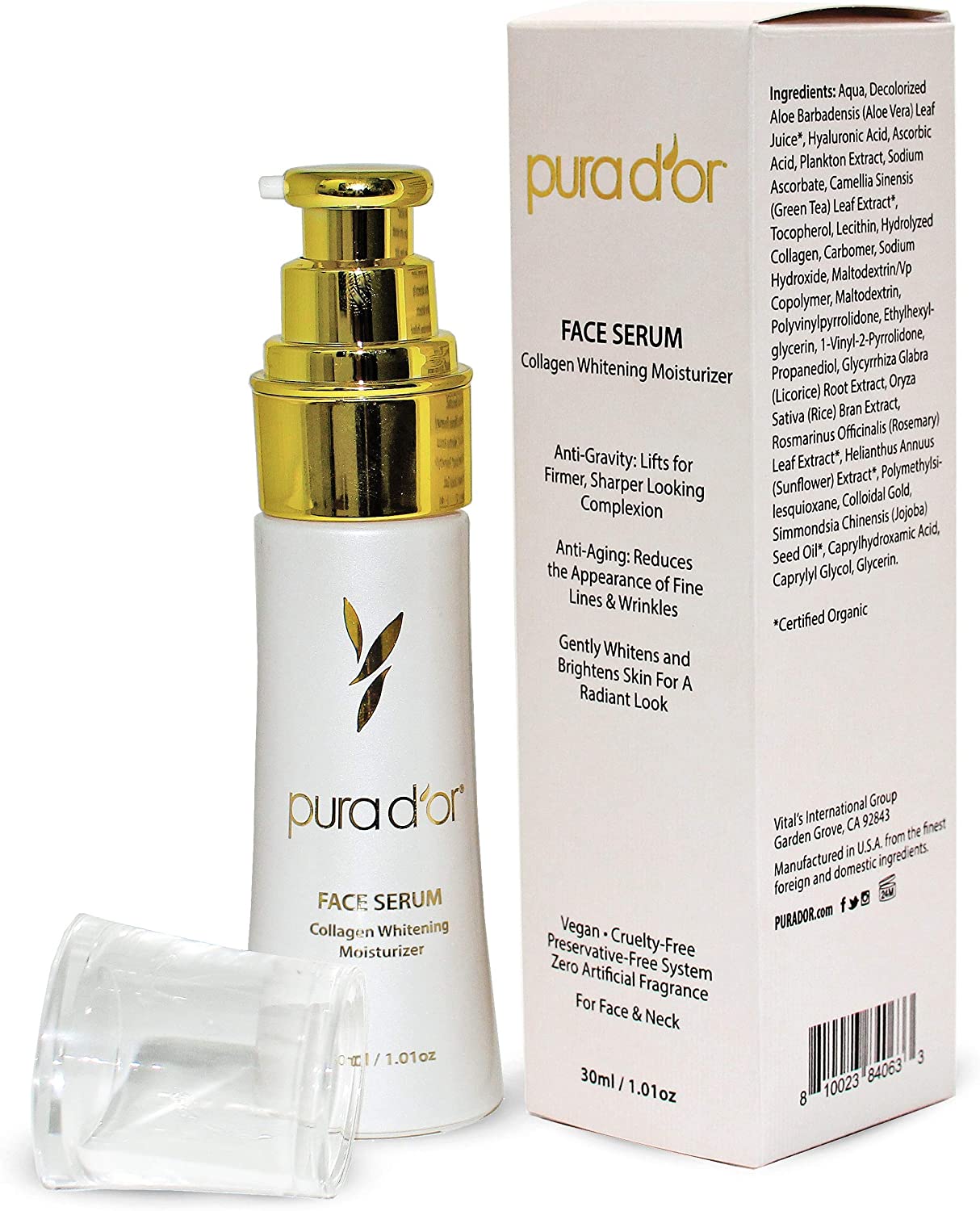 PURA D'OR Face Serum Collagen Whitening Moisturizer (30mL) - Whitens & Brightens Skin For Radiant, Firmer, Sharper Looking Complexion, Reduces the Appearance of Fine Lines & Wrinkles - For Face & Neck