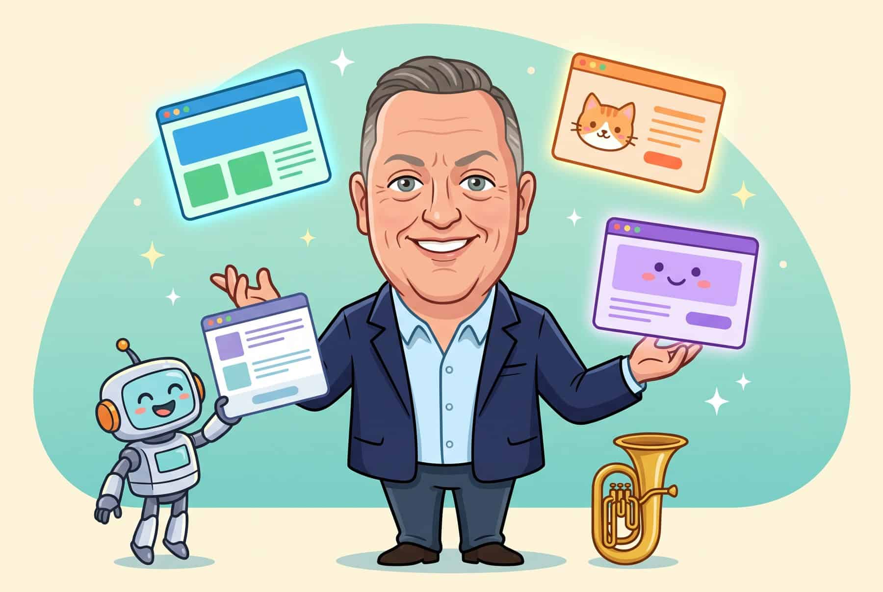 Cartoon of Fletcher juggling three glowing website windows, one with a cat, while a helper robot hands him another and a tuba sits on the floor