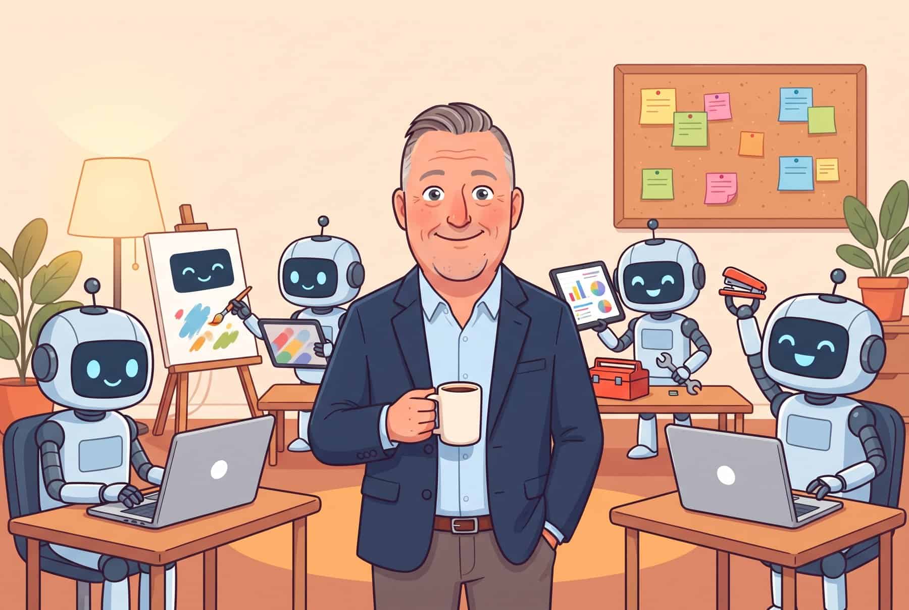 Cartoon of Fletcher holding a coffee mug in a tiny office while five friendly robots work at laptops, an easel and a workbench around him