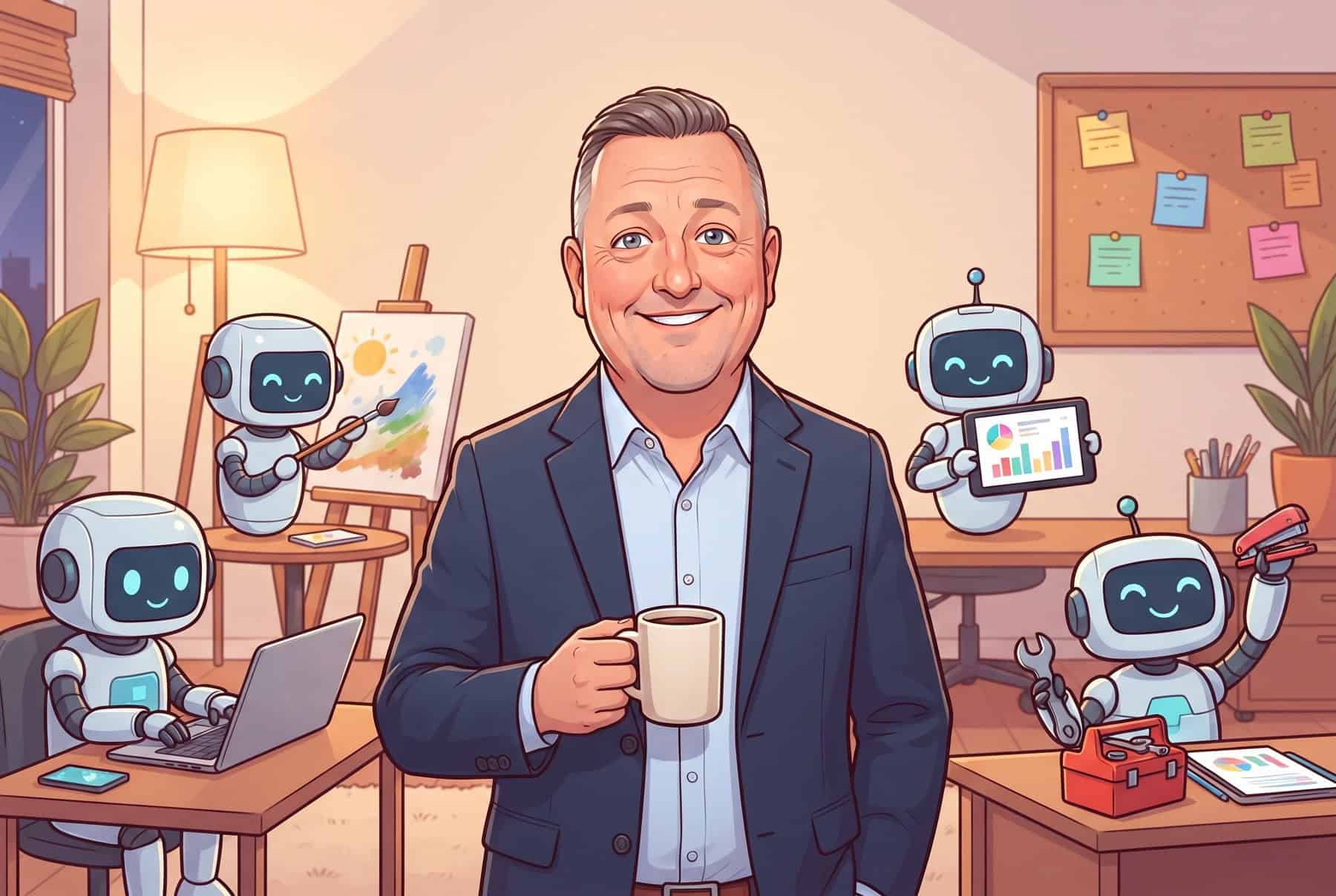 Cartoon of Fletcher holding a coffee mug while four friendly robots paint, chart, fix and type around him
